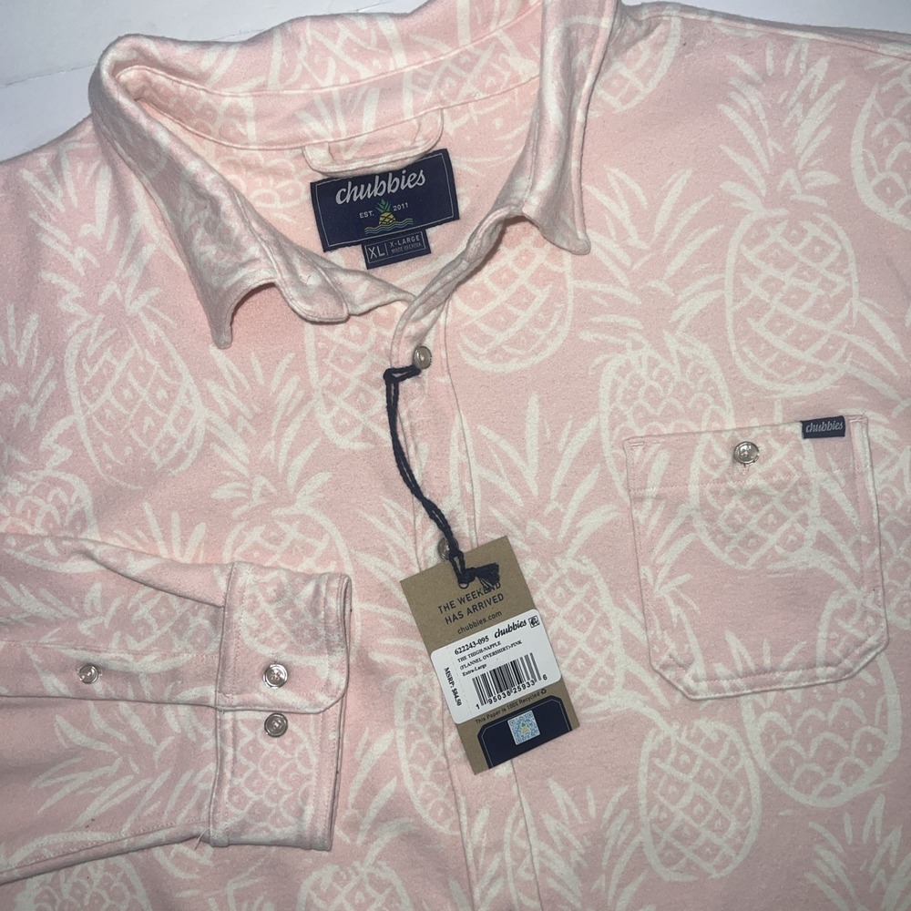 Chubbies Men's The Thigh Napple Pink Pineapple Fleece Flannel Over Shirt Size XL